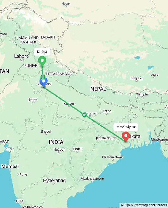 Route map showing distance and travel time from Kalka, India to Medinipur, India