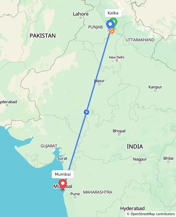 Route map showing distance and travel time from Kalka, India to Mumbai, India