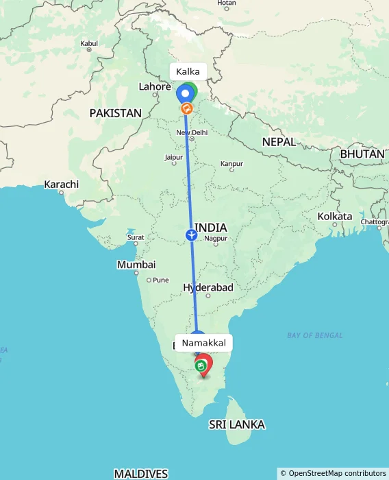 Route map showing distance and travel time from Kalka, India to Namakkal, India