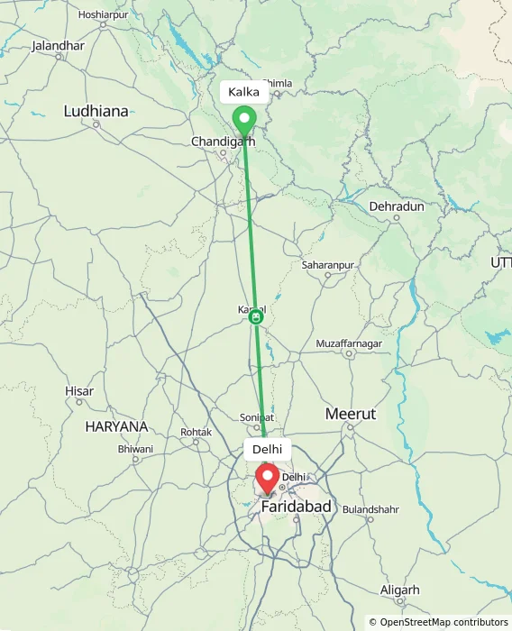 Route map showing distance and travel time from Kalka, India to Delhi, India