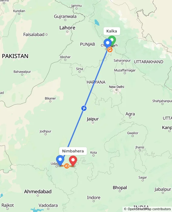 Route map showing distance and travel time from Kalka, India to Nimbahera, India