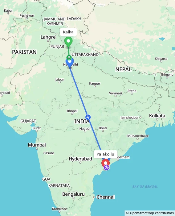 Route map showing distance and travel time from Kalka, India to Palakollu, India