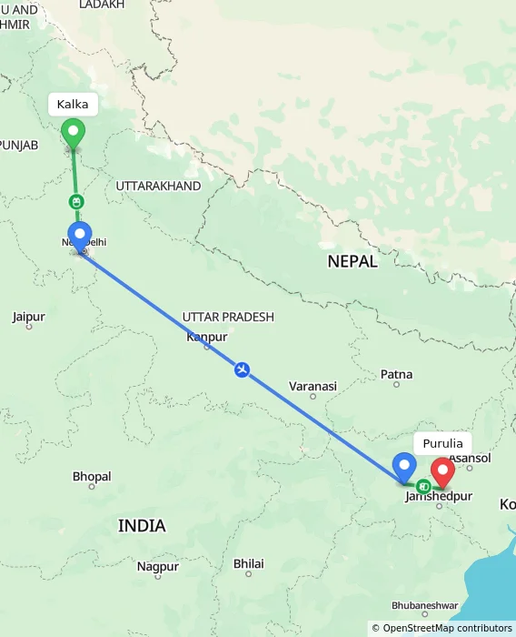 Route map showing distance and travel time from Kalka, India to Purulia, India