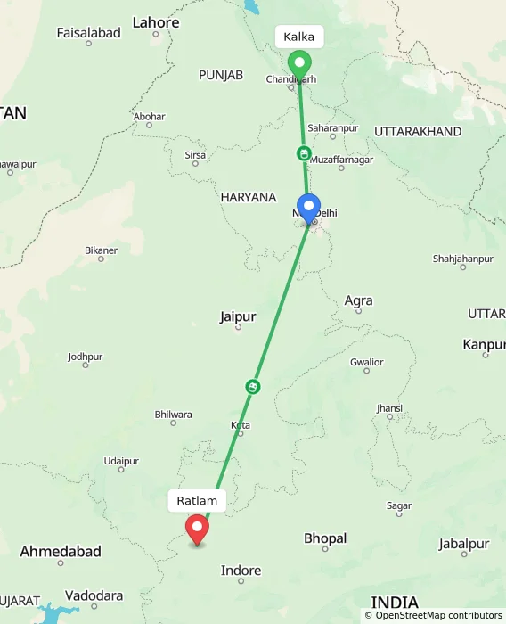 Route map showing distance and travel time from Kalka, India to Ratlam, India