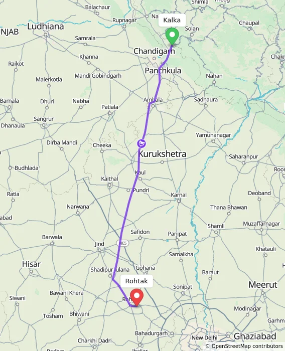 Route map showing distance and travel time from Kalka, India to Rohtak, India