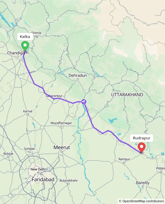Route map showing distance and travel time from Kalka, India to Rudrapur, India
