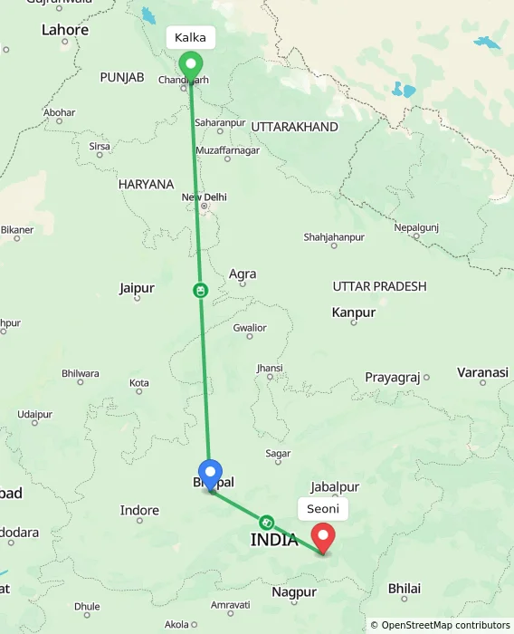 Route map showing distance and travel time from Kalka, India to Seoni, India