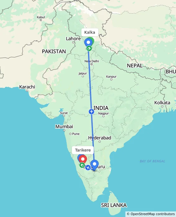 Route map showing distance and travel time from Kalka, India to Tarikere, India