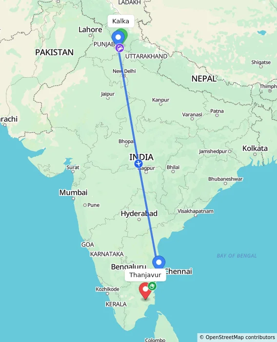 Route map showing distance and travel time from Kalka, India to Thanjavur, India