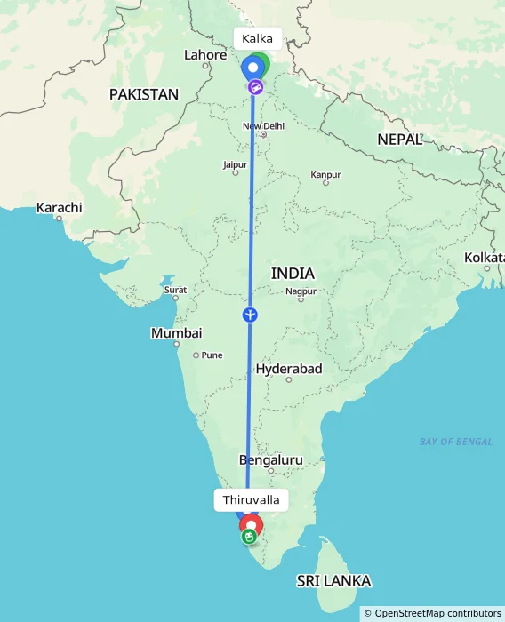 Route map showing distance and travel time from Kalka, India to Thiruvalla, India