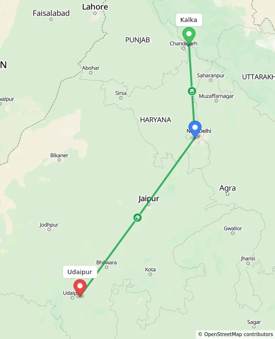 Route map showing distance and travel time from Kalka, India to Udaipur, India
