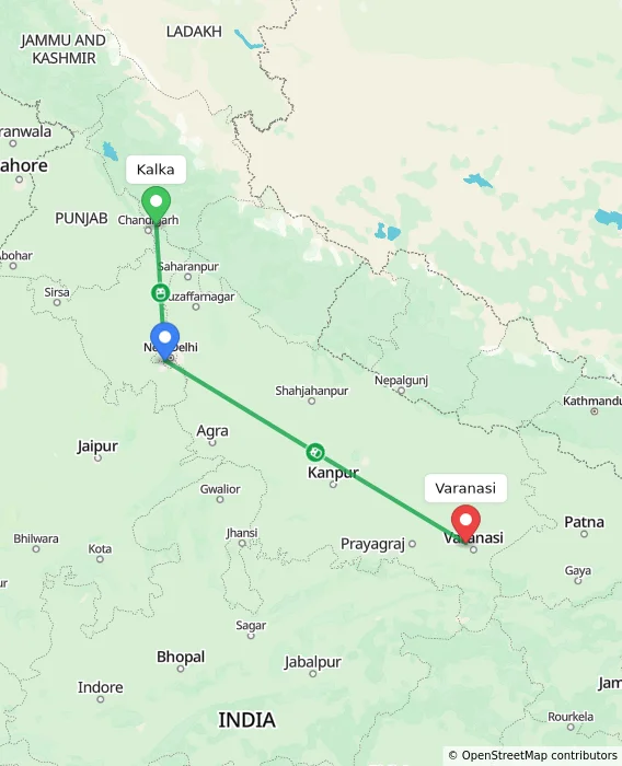 Route map showing distance and travel time from Kalka, India to Varanasi, India