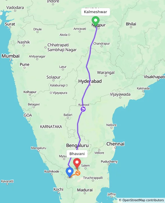 Route map showing distance and travel time from Kalmeshwar, India to Bhavani, India