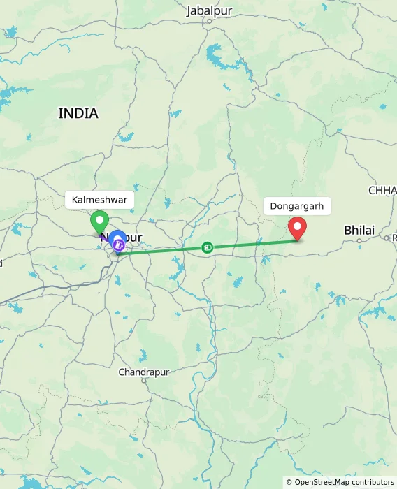Route map showing distance and travel time from Kalmeshwar, India to Dongargarh, India