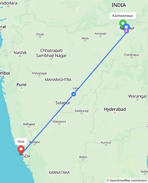 Route map showing distance and travel time from Kalmeshwar, India to Goa, India