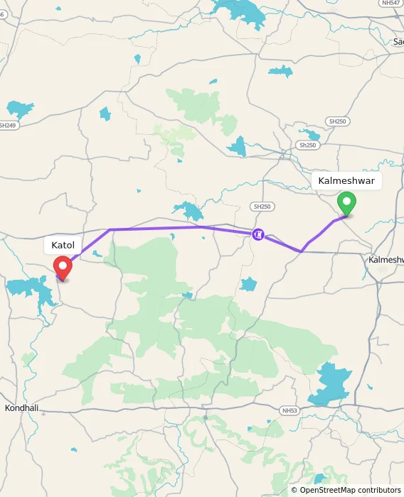Route map showing distance and travel time from Kalmeshwar, India to Katol, India