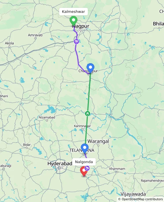 Route map showing distance and travel time from Kalmeshwar, India to Nalgonda, India