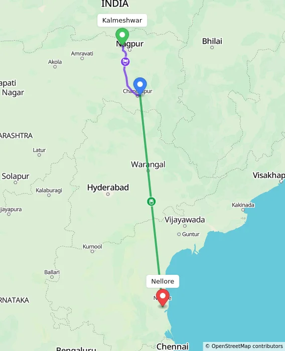 Route map showing distance and travel time from Kalmeshwar, India to Nellore, India