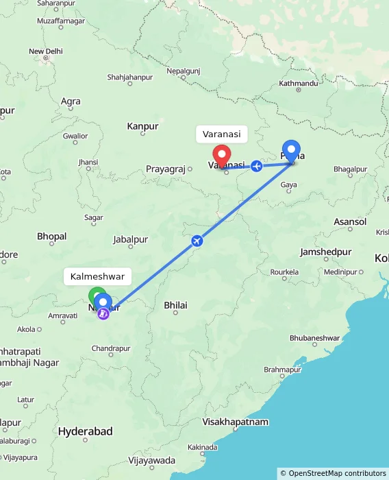 Route map showing distance and travel time from Kalmeshwar, India to Varanasi, India