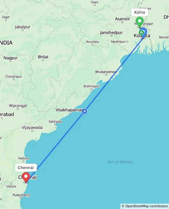 Route map showing distance and travel time from Kalna, India to Chennai, India