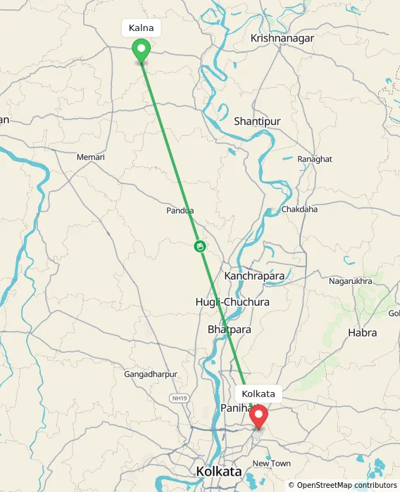 Route map showing distance and travel time from Kalna, India to Kolkata, India