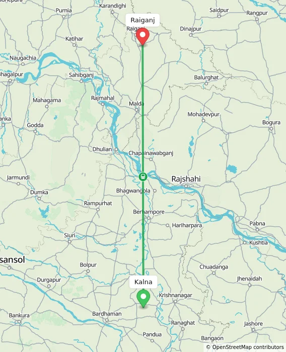 Route map showing distance and travel time from Kalna, India to Raiganj, India