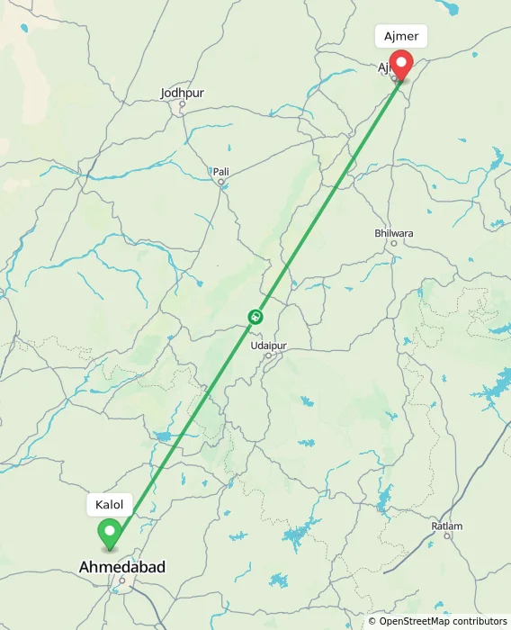 Route map showing distance and travel time from Kalol, India to Ajmer, India