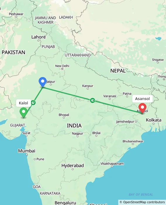 Route map showing distance and travel time from Kalol, India to Asansol, India