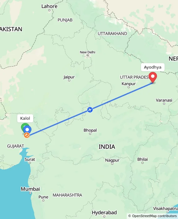 Route map showing distance and travel time from Kalol, India to Ayodhya, India