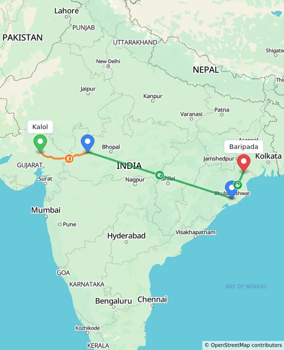Route map showing distance and travel time from Kalol, India to Baripada, India