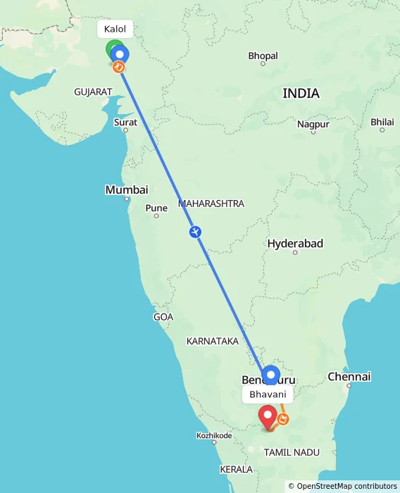 Route map showing distance and travel time from Kalol, India to Bhavani, India