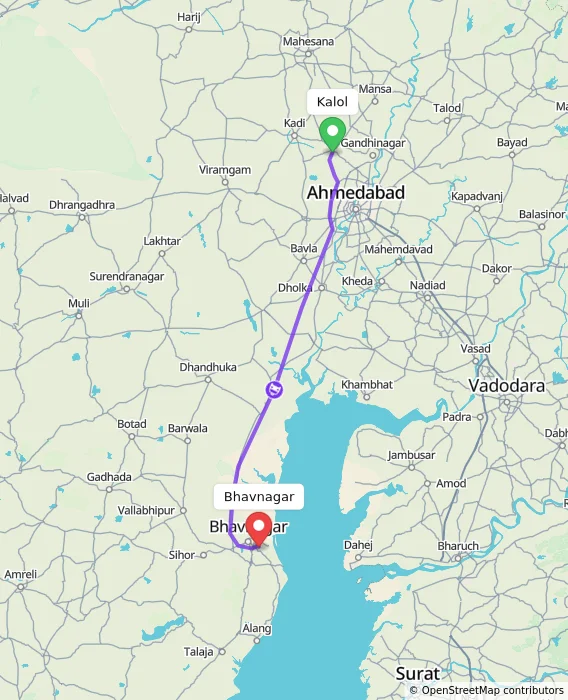 Route map showing distance and travel time from Kalol, India to Bhavnagar, India