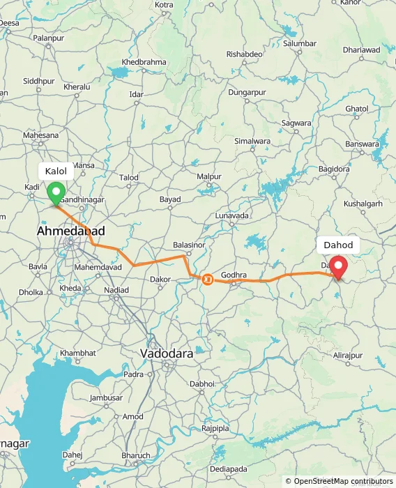 Route map showing distance and travel time from Kalol, India to Dahod, India