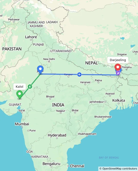Route map showing distance and travel time from Kalol, India to Darjeeling, India
