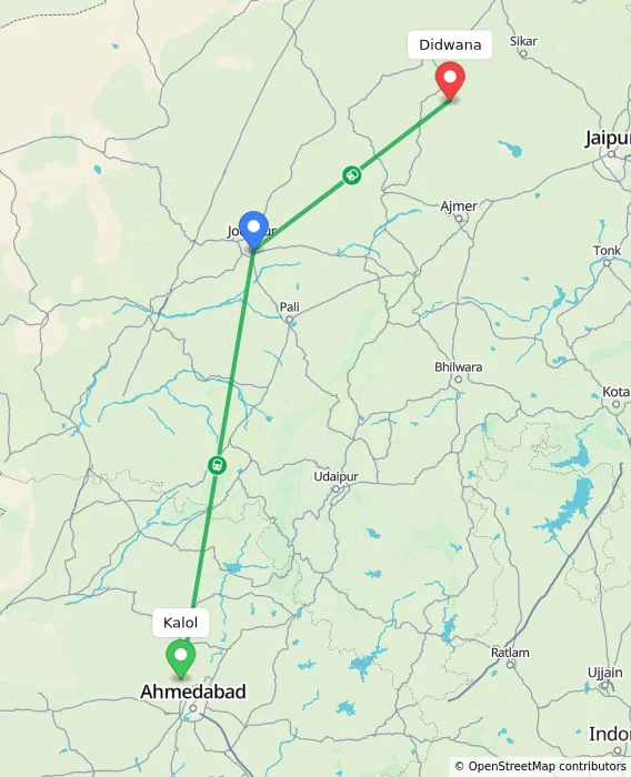 Route map showing distance and travel time from Kalol, India to Didwana, India