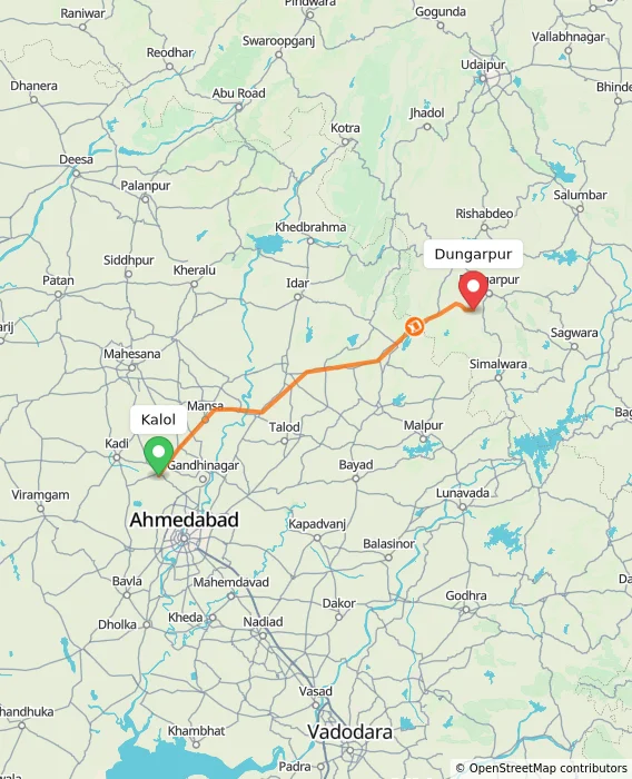 Route map showing distance and travel time from Kalol, India to Dungarpur, India