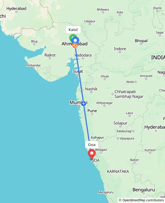 Route map showing distance and travel time from Kalol, India to Goa, India