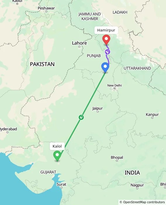 Route map showing distance and travel time from Kalol, India to Hamirpur, India