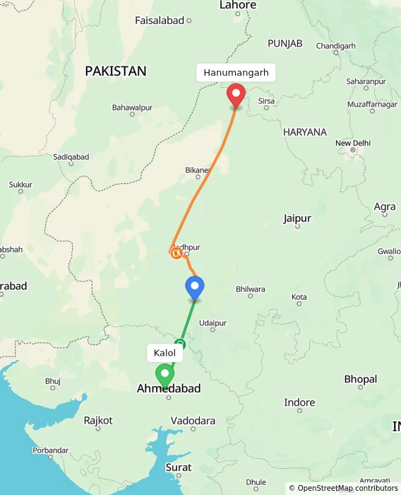 Route map showing distance and travel time from Kalol, India to Hanumangarh, India