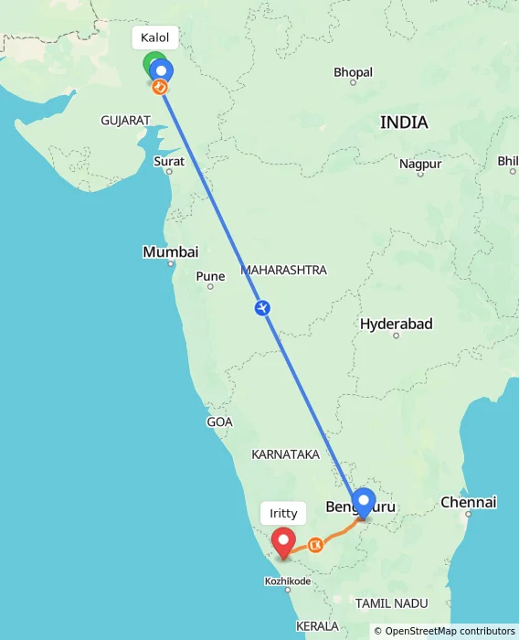 Route map showing distance and travel time from Kalol, India to Iritty, India