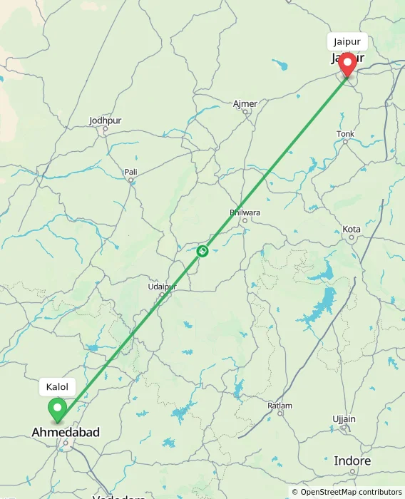 Route map showing distance and travel time from Kalol, India to Jaipur, India