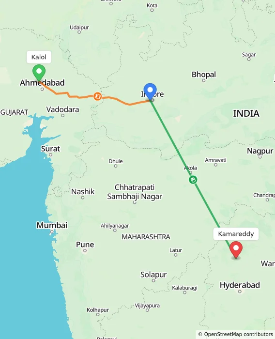 Route map showing distance and travel time from Kalol, India to Kamareddy, India