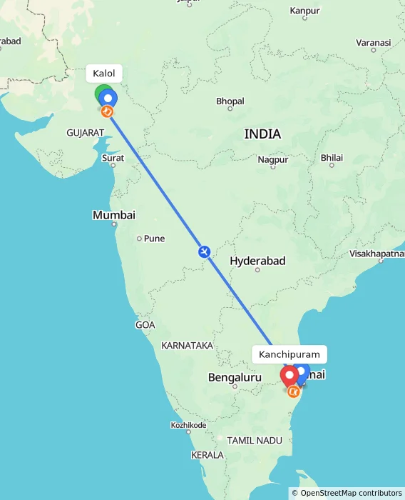 Route map showing distance and travel time from Kalol, India to Kanchipuram, India