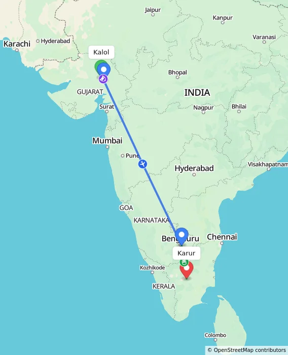 Route map showing distance and travel time from Kalol, India to Karur, India