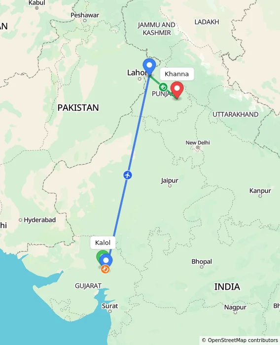 Route map showing distance and travel time from Kalol, India to Khanna, India