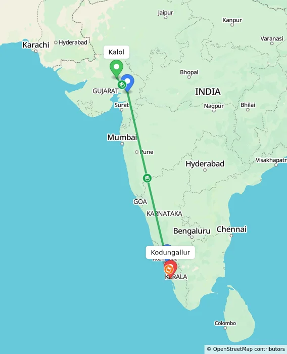 Route map showing distance and travel time from Kalol, India to Kodungallur, India