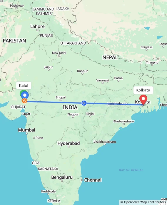 Route map showing distance and travel time from Kalol, India to Kolkata, India