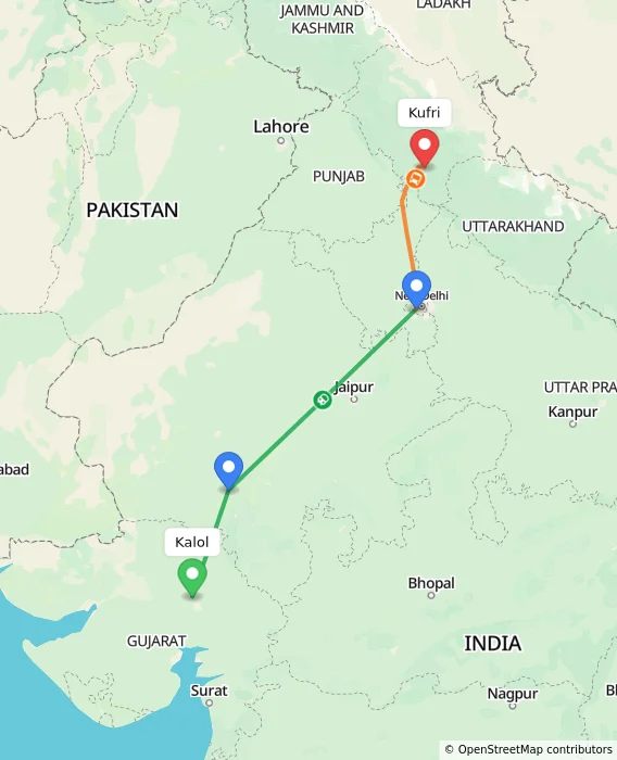 Route map showing distance and travel time from Kalol, India to Kufri, India