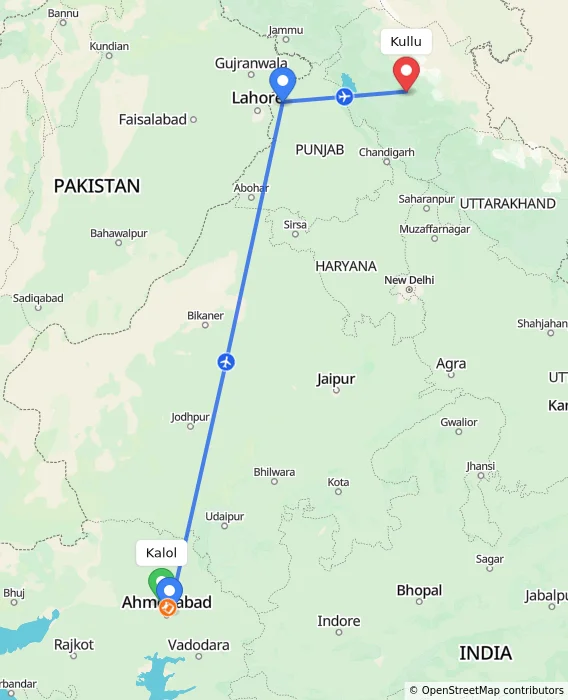 Route map showing distance and travel time from Kalol, India to Kullu, India