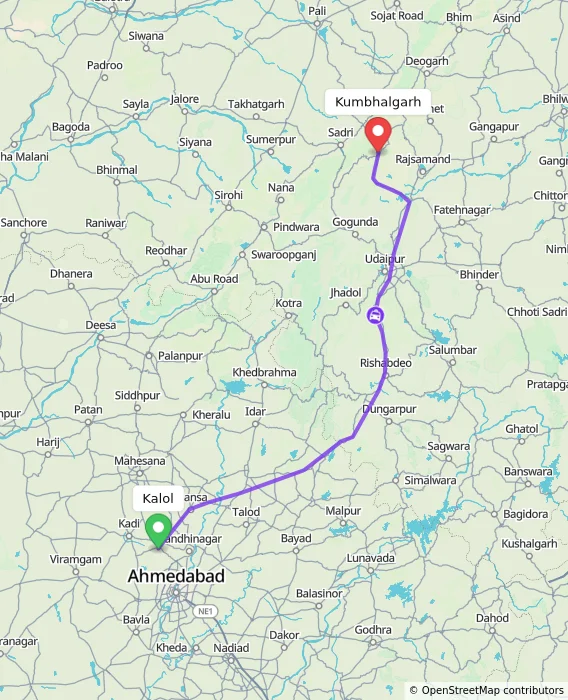 Route map showing distance and travel time from Kalol, India to Kumbhalgarh, India